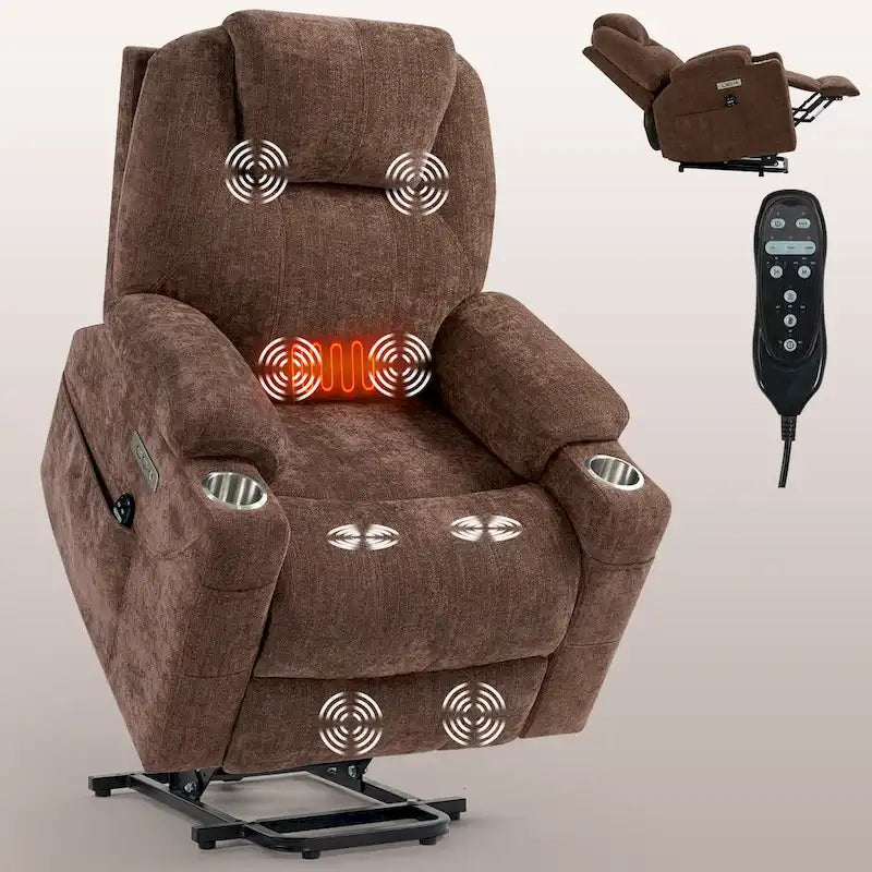 Fauteuil inclinable électrique bleu avec massage 8 points, soutien lombaire chauffant, deux ports USB et porte-gobelets en acier inoxydable
