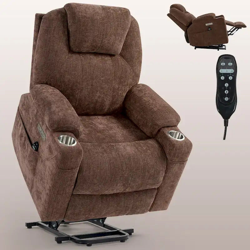 Fauteuil inclinable électrique bleu avec massage 8 points, soutien lombaire chauffant, deux ports USB et porte-gobelets en acier inoxydable