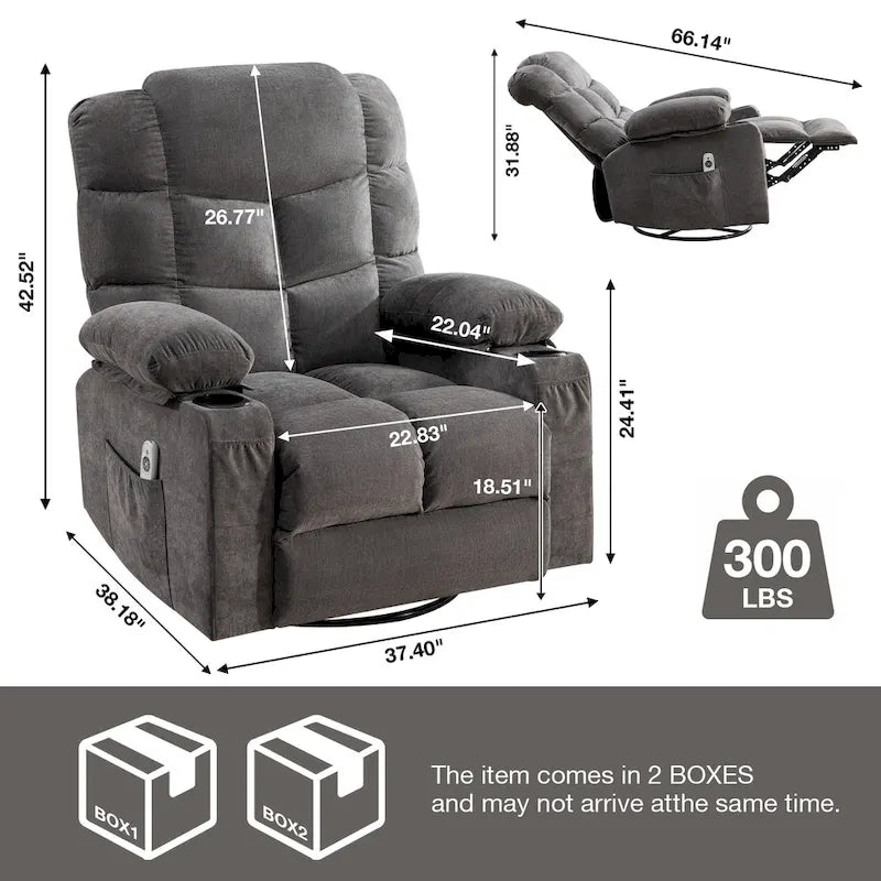 Fauteuil inclinable gris surdimensionné avec chauffage et port USB