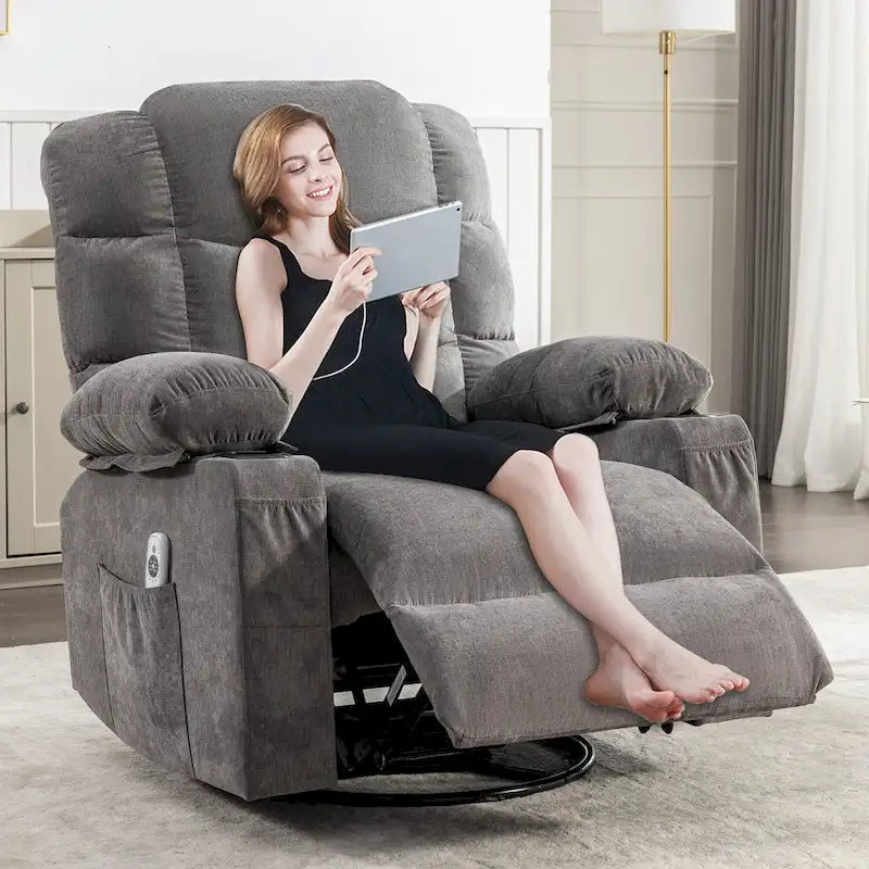 Fauteuil inclinable gris surdimensionné avec chauffage et port USB