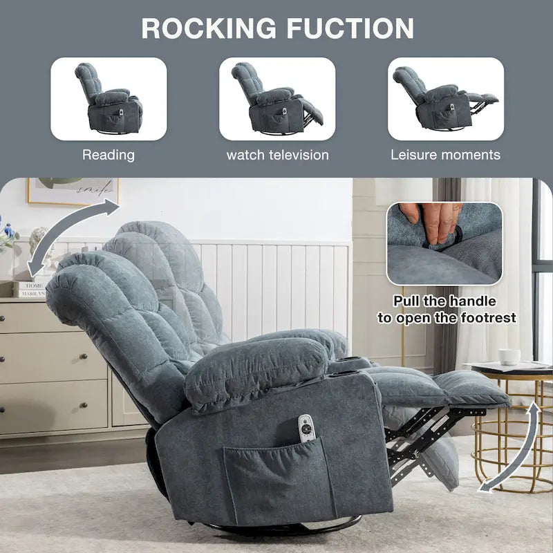Fauteuil inclinable gris surdimensionné avec chauffage et port USB