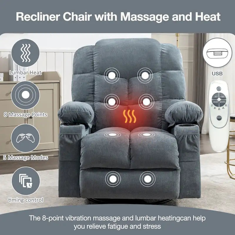 Fauteuil inclinable gris surdimensionné avec chauffage et port USB