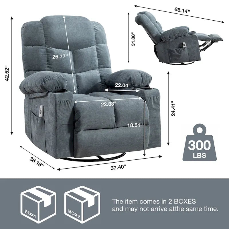 Fauteuil inclinable gris surdimensionné avec chauffage et port USB