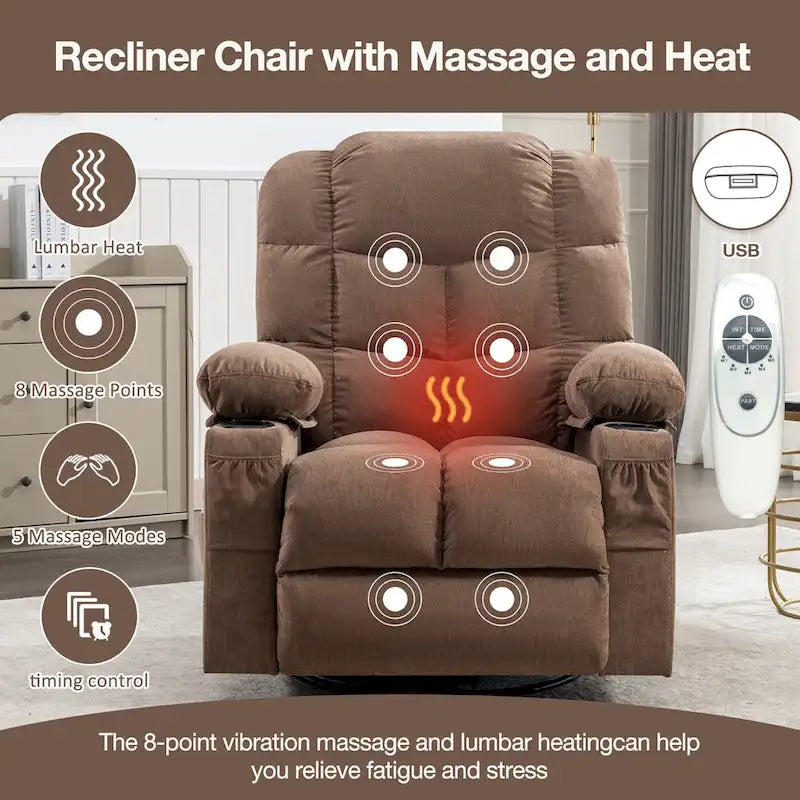 Fauteuil inclinable gris surdimensionné avec chauffage et port USB