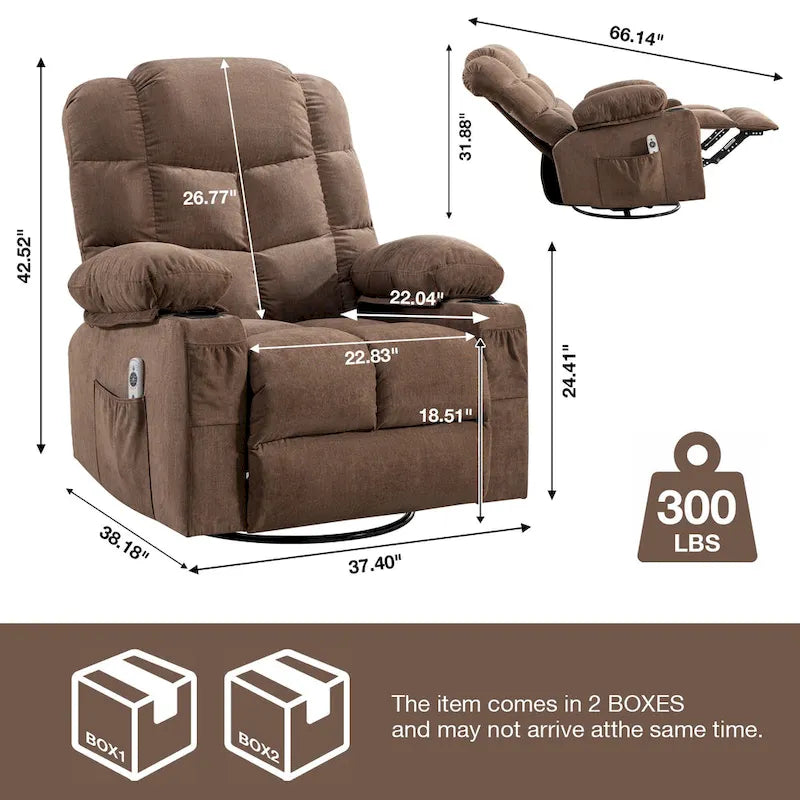 Fauteuil inclinable gris surdimensionné avec chauffage et port USB