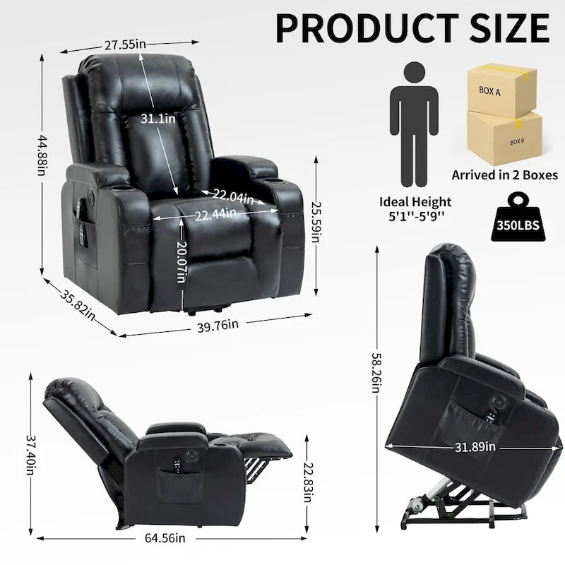 Fauteuil releveur inclinable noir avec massage, chaleur et cadre robuste