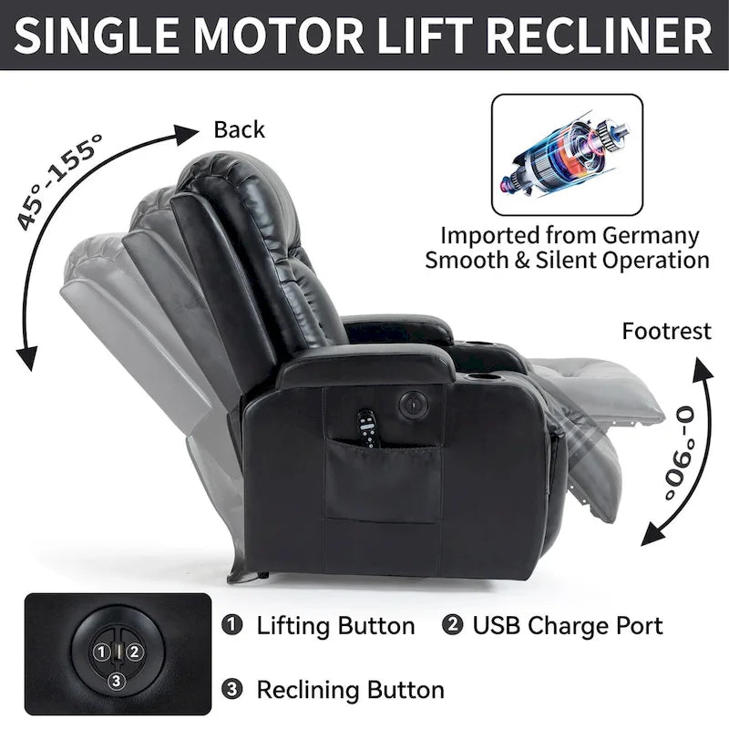 Fauteuil releveur inclinable noir avec massage, chaleur et cadre robuste