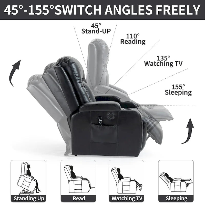 Fauteuil releveur inclinable noir avec massage, chaleur et cadre robuste