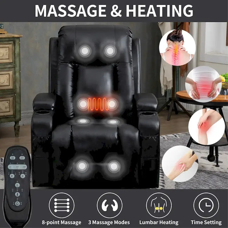 Fauteuil releveur inclinable noir avec massage, chaleur et cadre robuste