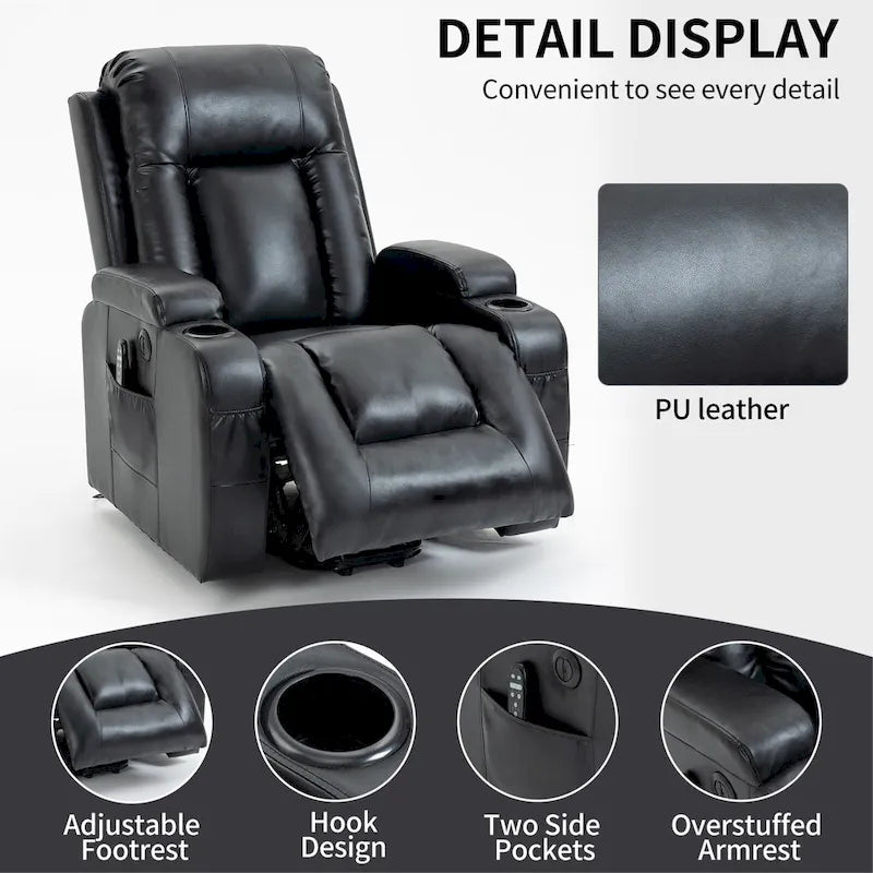 Fauteuil releveur inclinable noir avec massage, chaleur et cadre robuste