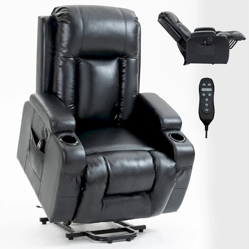 Fauteuil releveur inclinable noir avec massage, chaleur et cadre robuste