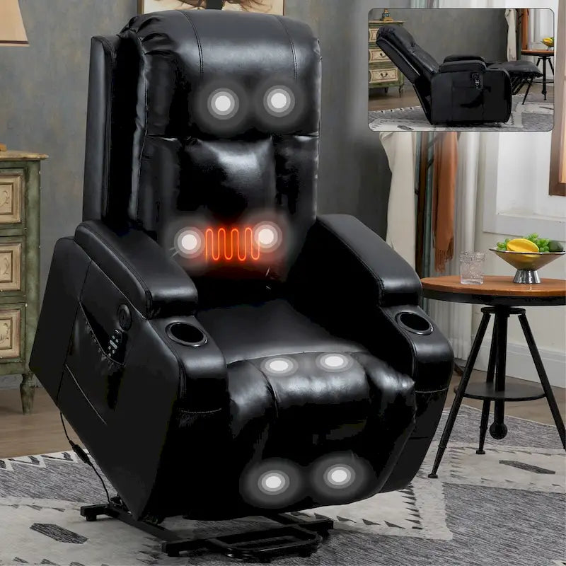 Fauteuil releveur inclinable noir avec massage, chaleur et cadre robuste