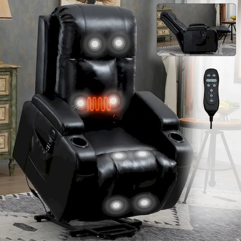 Fauteuil releveur inclinable noir avec massage, chaleur et cadre robuste