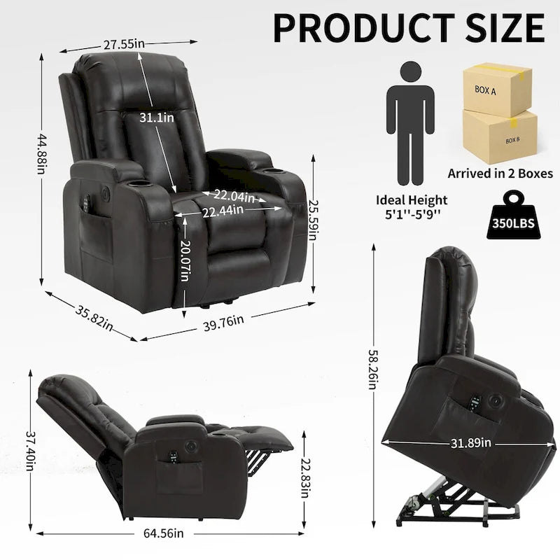 Fauteuil releveur inclinable noir avec massage, chaleur et cadre robuste