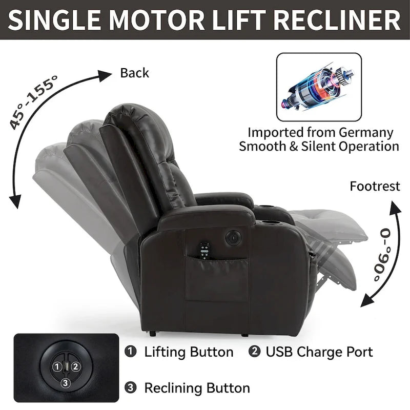 Fauteuil releveur inclinable noir avec massage, chaleur et cadre robuste