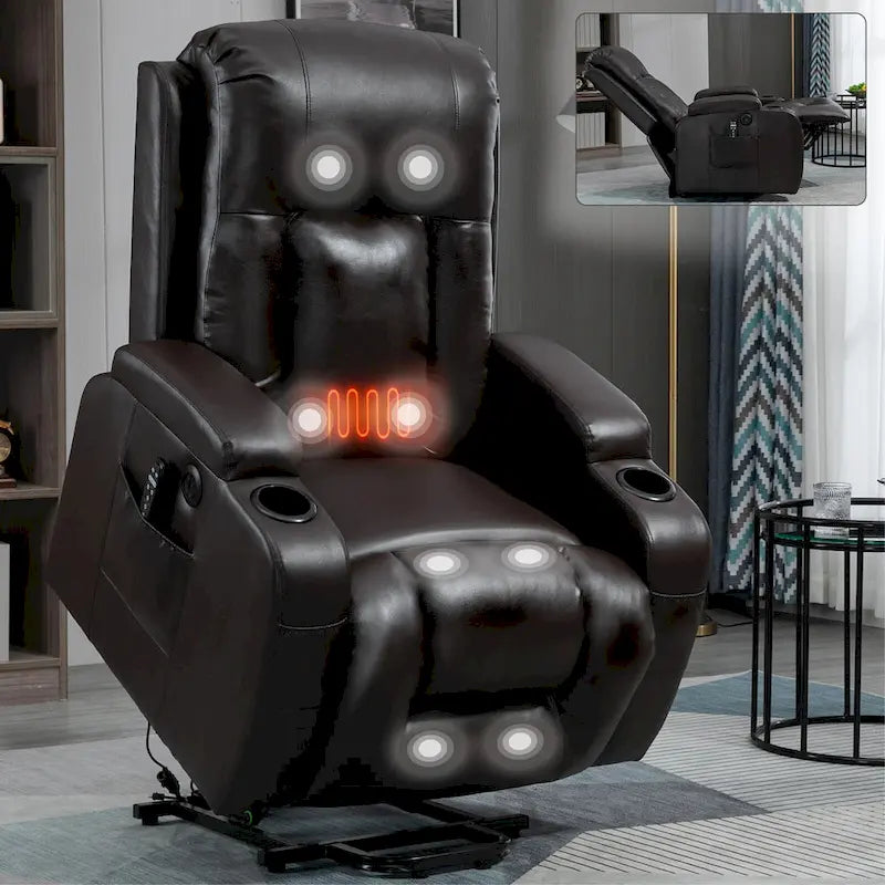 Fauteuil releveur inclinable noir avec massage, chaleur et cadre robuste
