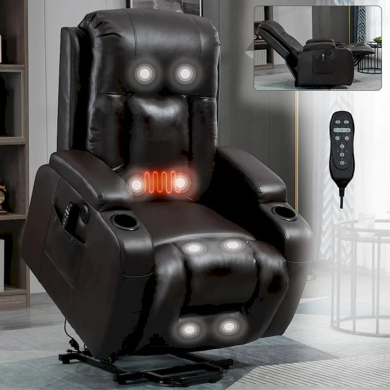 Fauteuil releveur inclinable noir avec massage, chaleur et cadre robuste
