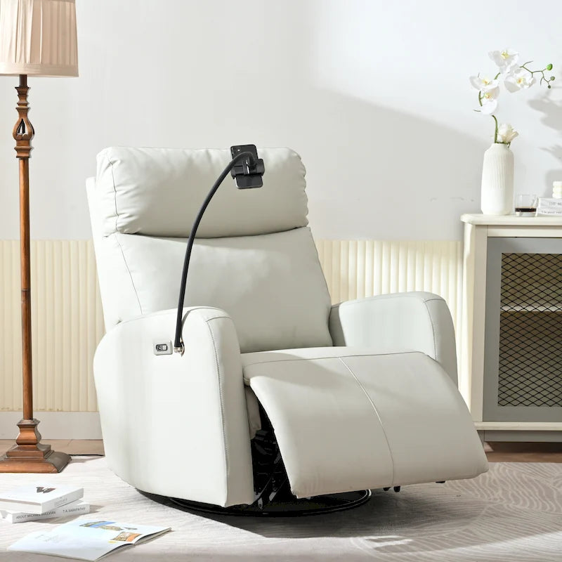 Fauteuil inclinable gris électrique avec pivot, ports USB et repose-pieds réglable