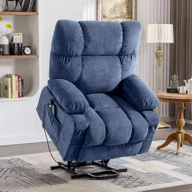 Fauteuil relaxant électrique bleu avec fonctions de chauffage, de massage, de chargement USB, de rangement latéral et de télécommande