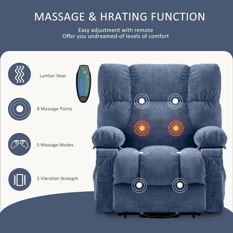 Fauteuil relaxant électrique bleu avec fonctions de chauffage, de massage, de chargement USB, de rangement latéral et de télécommande