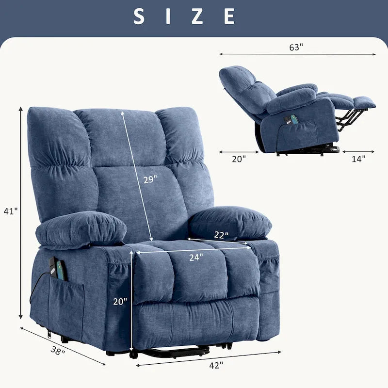 Fauteuil relaxant électrique bleu avec fonctions de chauffage, de massage, de chargement USB, de rangement latéral et de télécommande
