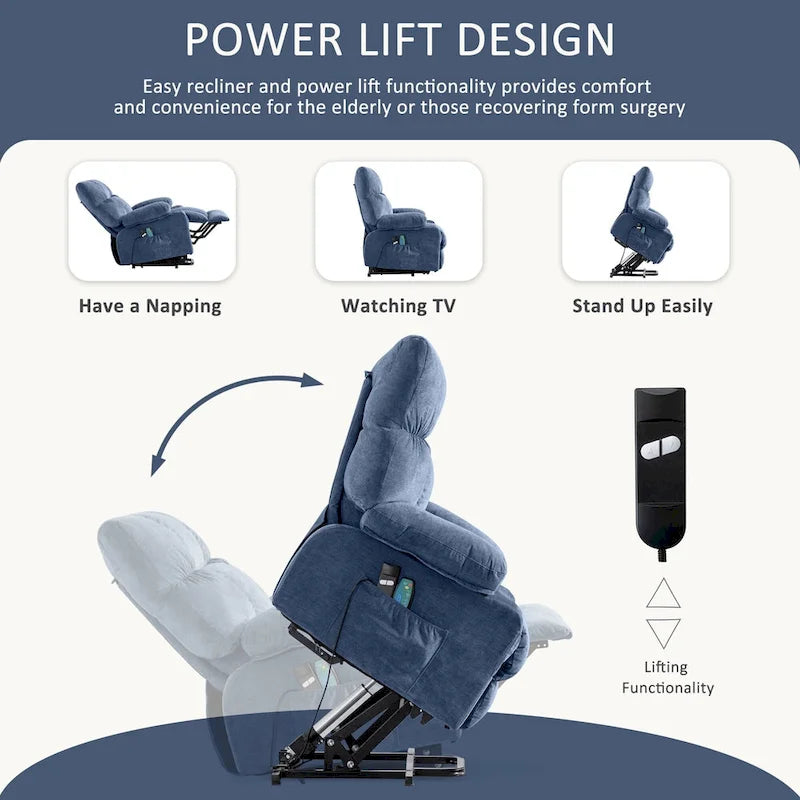 Fauteuil relaxant électrique bleu avec fonctions de chauffage, de massage, de chargement USB, de rangement latéral et de télécommande