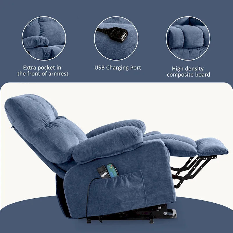 Fauteuil relaxant électrique bleu avec fonctions de chauffage, de massage, de chargement USB, de rangement latéral et de télécommande