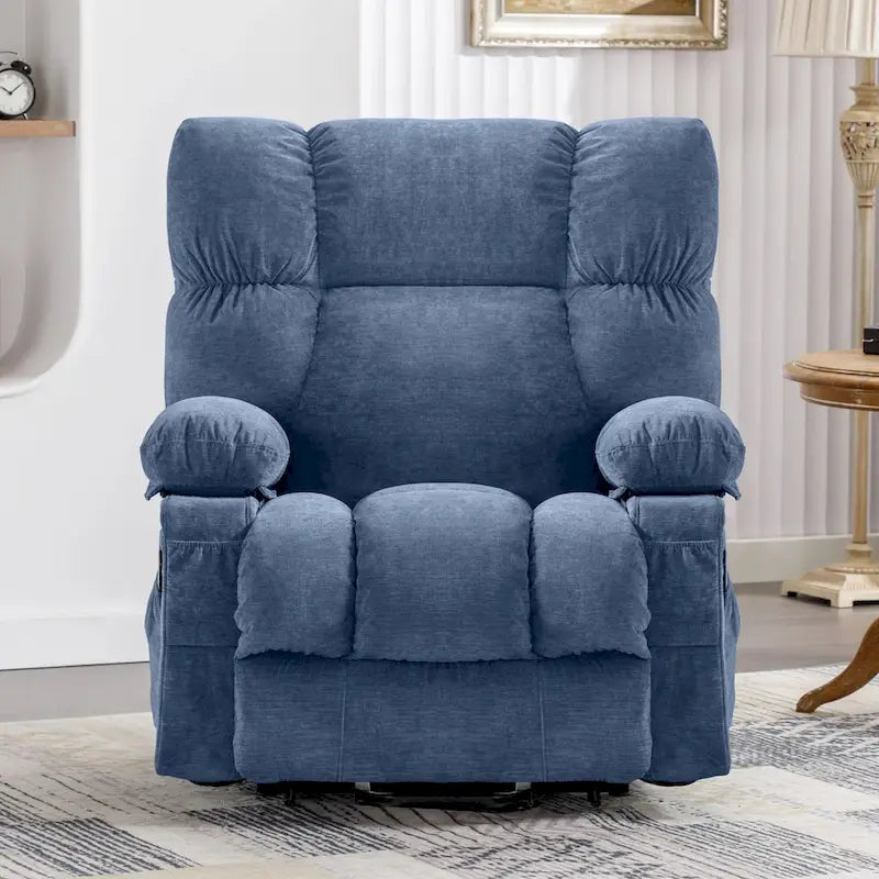Fauteuil relaxant électrique bleu avec fonctions de chauffage, de massage, de chargement USB, de rangement latéral et de télécommande