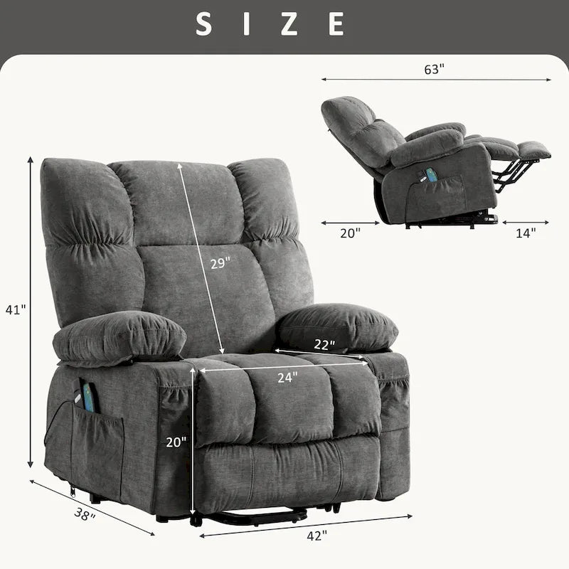 Fauteuil relaxant électrique bleu avec fonctions de chauffage, de massage, de chargement USB, de rangement latéral et de télécommande