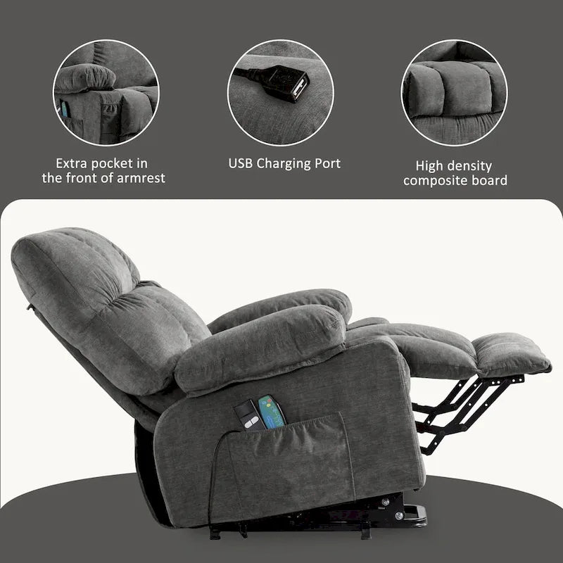 Fauteuil relaxant électrique bleu avec fonctions de chauffage, de massage, de chargement USB, de rangement latéral et de télécommande