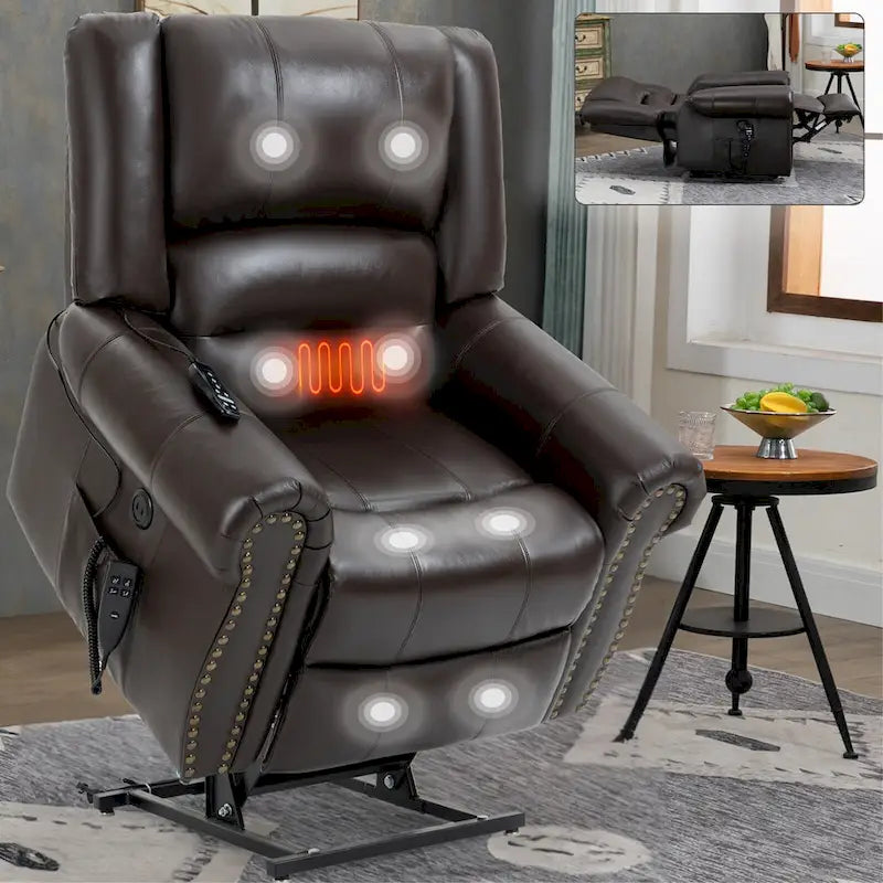 Fauteuil inclinable releveur en cuir véritable marron avec double moteur