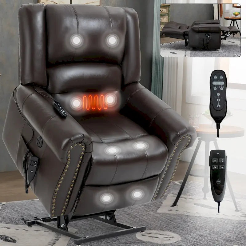 Fauteuil inclinable releveur en cuir véritable marron avec double moteur