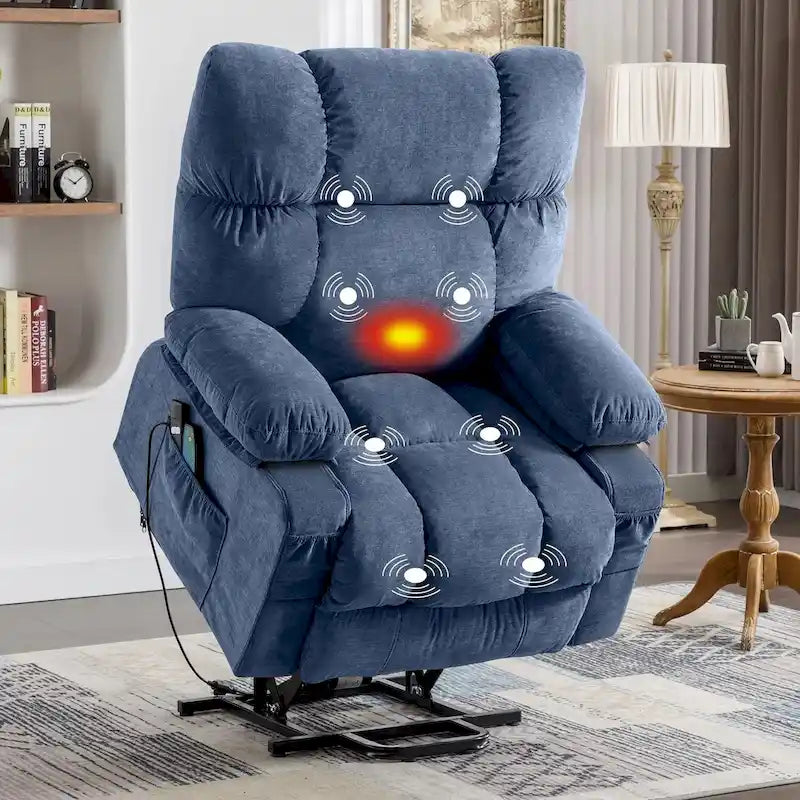 Fauteuil inclinable électrique releveur bleu avec chauffage, massage et ports USB