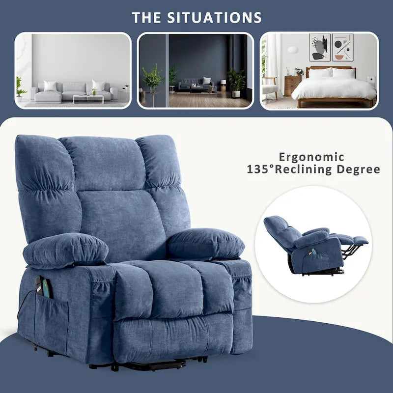 Fauteuil inclinable électrique releveur bleu avec chauffage, massage et ports USB