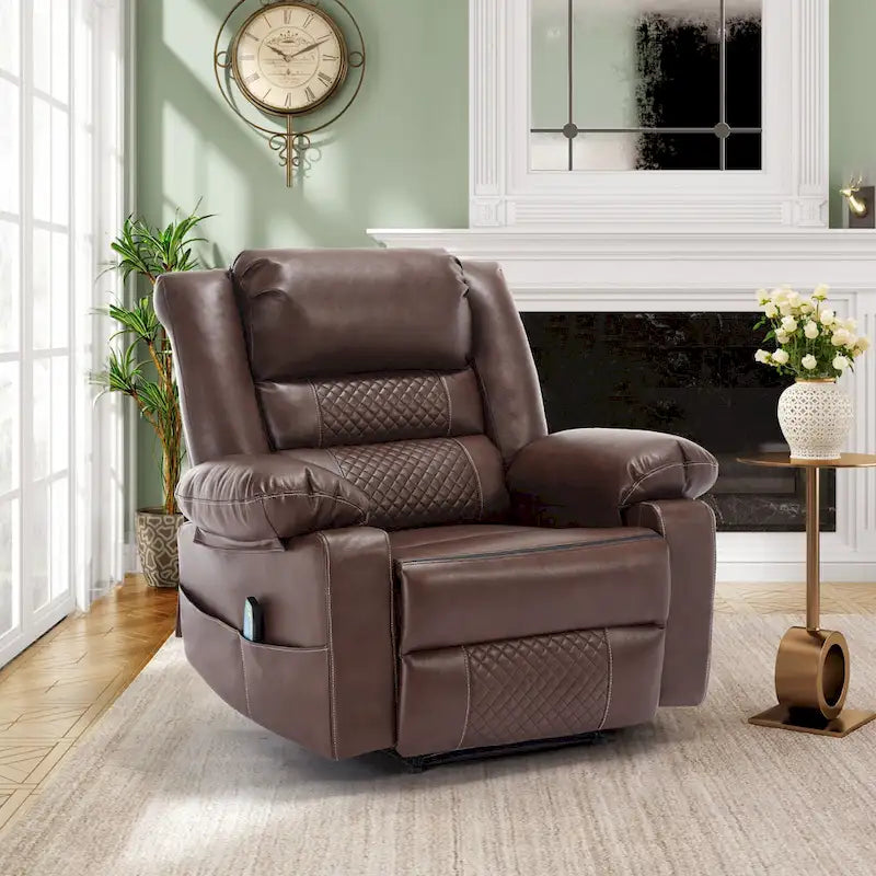 Fauteuil inclinable manuel en cuir marron avec massage vibratoire à 8 points, chauffage lombaire et plusieurs options d'inclinaison
