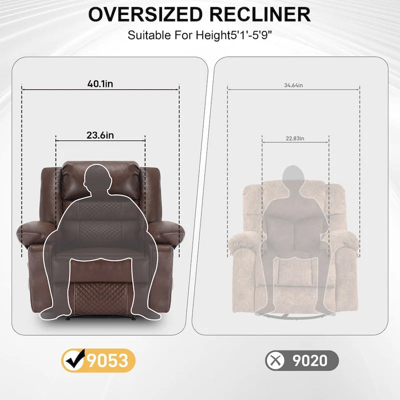 Fauteuil inclinable manuel en cuir marron avec massage vibratoire à 8 points, chauffage lombaire et plusieurs options d'inclinaison