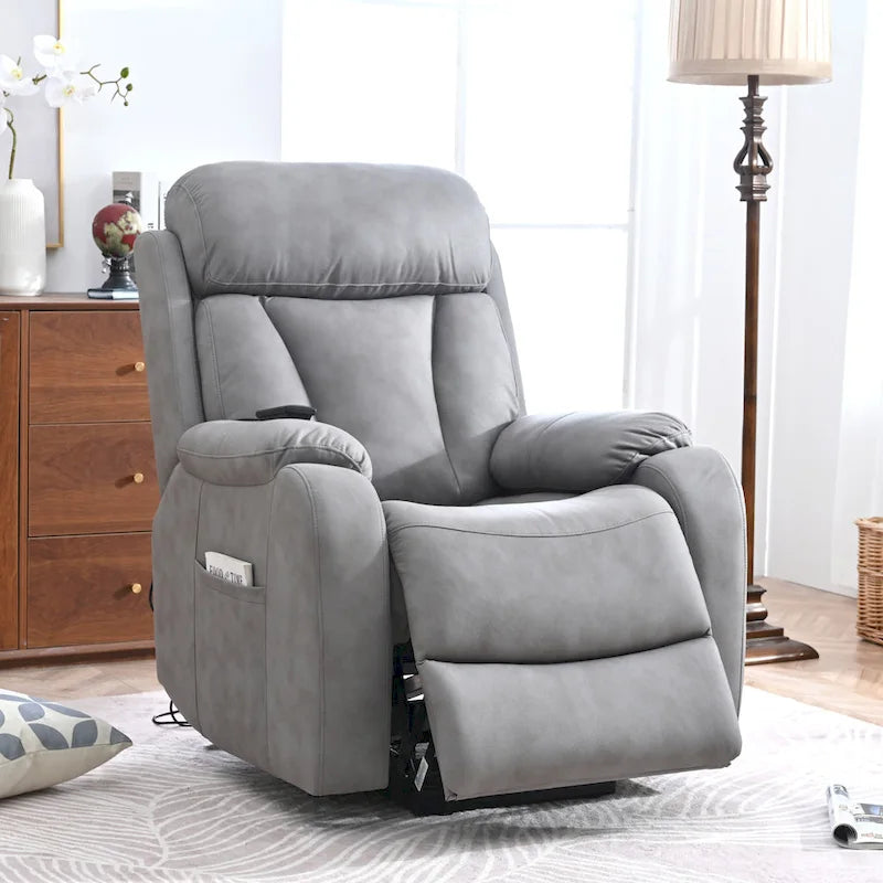Fauteuil inclinable électrique gris pour personnes âgées, avec télécommande, coussin rembourré, pochette latérale et cadre robuste