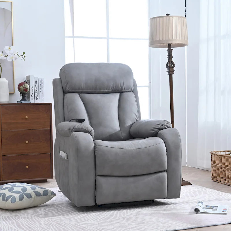 Fauteuil inclinable électrique gris pour personnes âgées, avec télécommande, coussin rembourré, pochette latérale et cadre robuste