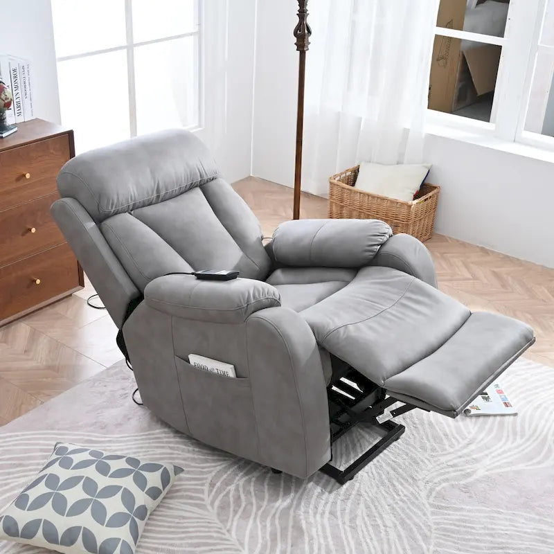 Fauteuil inclinable électrique gris pour personnes âgées, avec télécommande, coussin rembourré, pochette latérale et cadre robuste