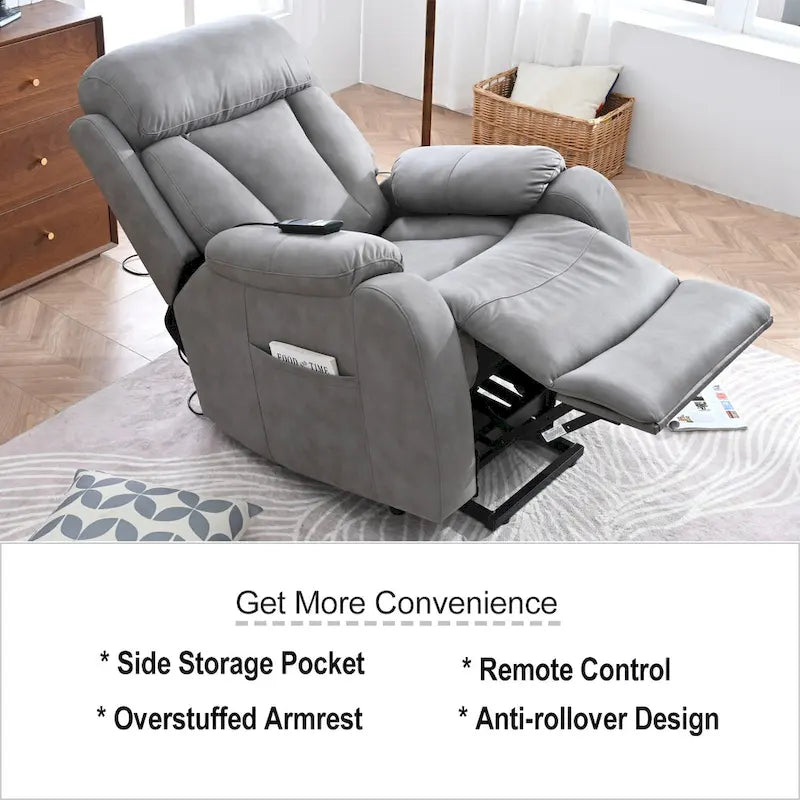Fauteuil inclinable électrique gris pour personnes âgées, avec télécommande, coussin rembourré, pochette latérale et cadre robuste