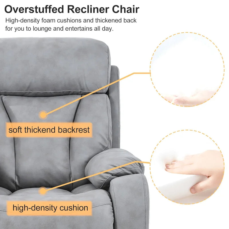 Fauteuil inclinable électrique gris pour personnes âgées, avec télécommande, coussin rembourré, pochette latérale et cadre robuste