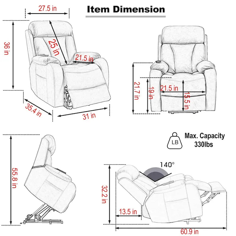 Fauteuil inclinable électrique gris pour personnes âgées, avec télécommande, coussin rembourré, pochette latérale et cadre robuste