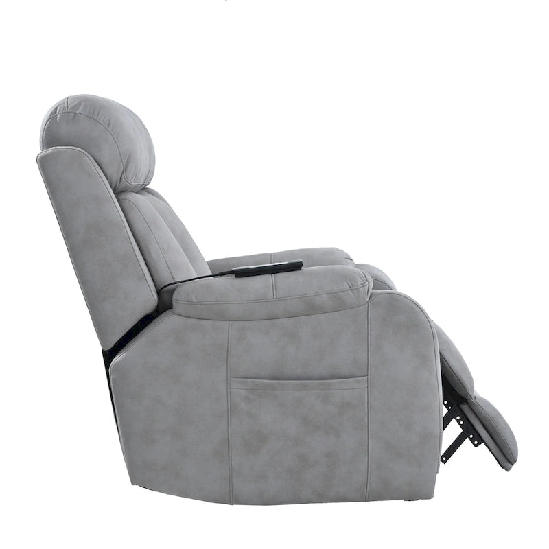 Fauteuil inclinable électrique gris pour personnes âgées, avec télécommande, coussin rembourré, pochette latérale et cadre robuste