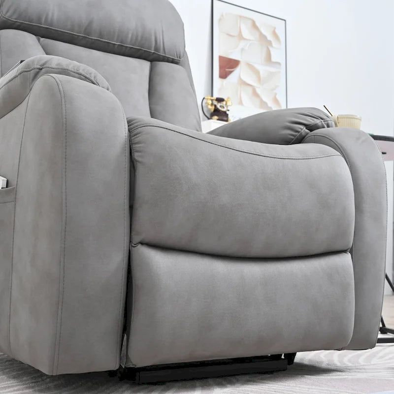 Fauteuil inclinable électrique gris pour personnes âgées, avec télécommande, coussin rembourré, pochette latérale et cadre robuste