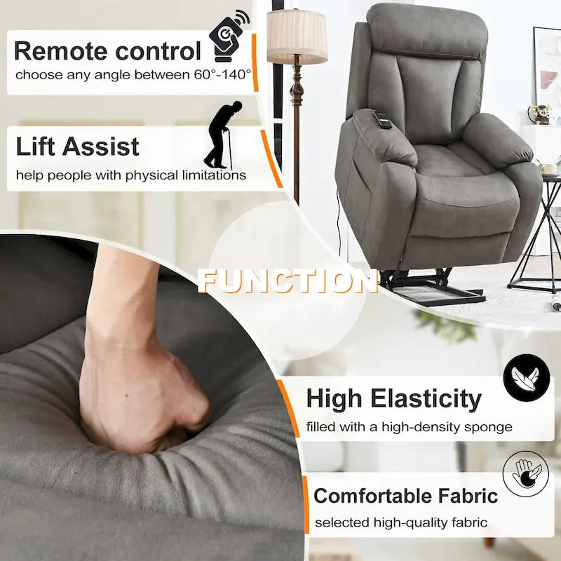 Fauteuil inclinable électrique gris pour personnes âgées, avec télécommande, coussin rembourré, pochette latérale et cadre robuste