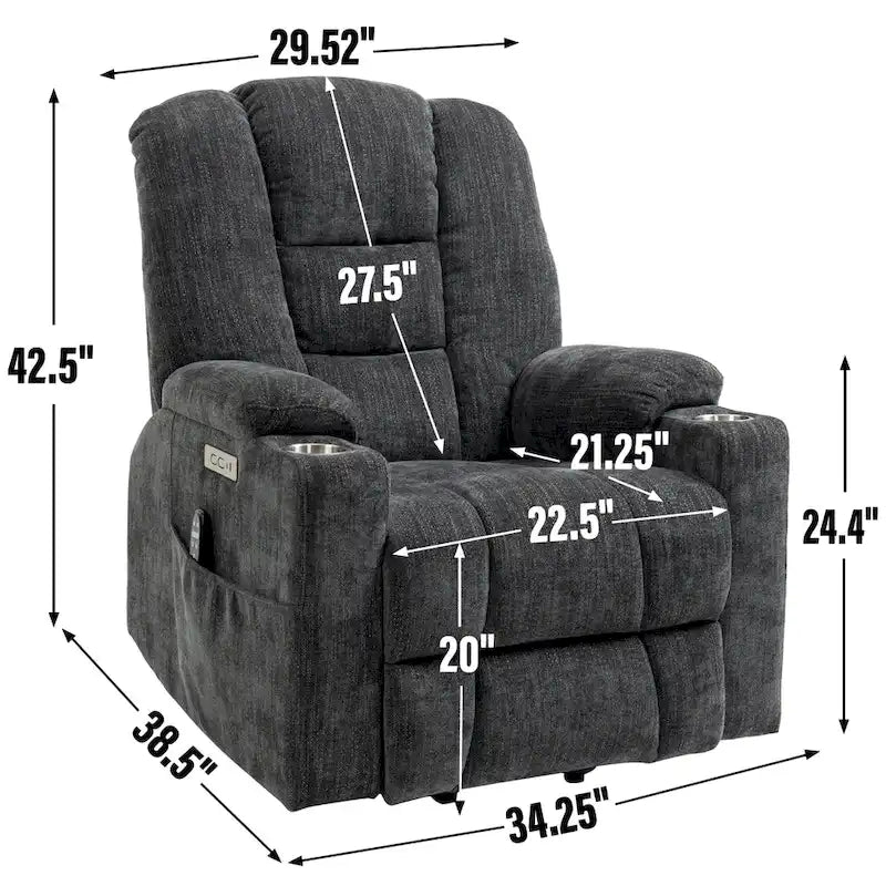 Fauteuil inclinable électrique gris spacieux avec massage, chauffage, deux ports USB, chargement de type C et porte-gobelets