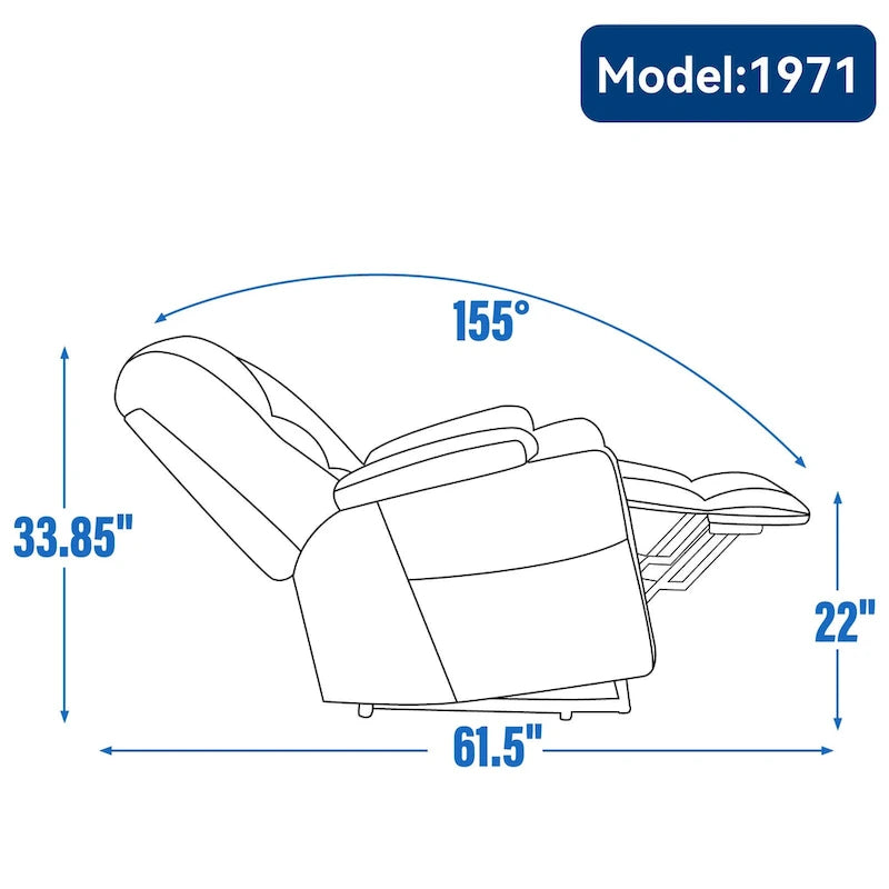 Fauteuil inclinable électrique gris spacieux avec massage, chauffage, deux ports USB, chargement de type C et porte-gobelets