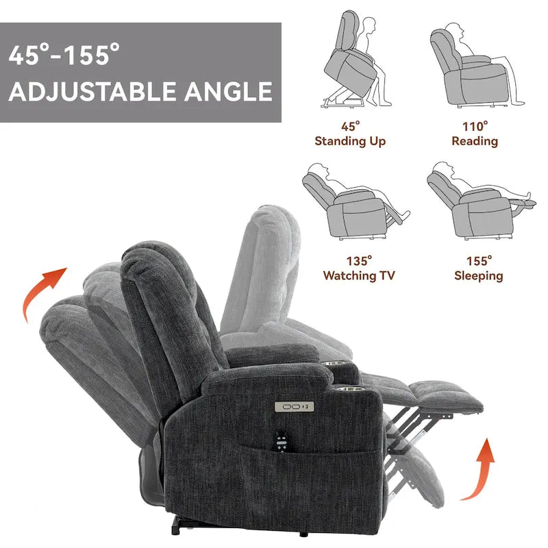 Fauteuil inclinable électrique gris spacieux avec massage, chauffage, deux ports USB, chargement de type C et porte-gobelets