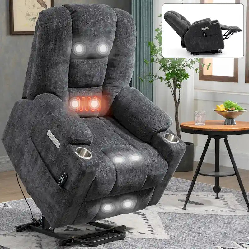 Fauteuil inclinable électrique gris spacieux avec massage, chauffage, deux ports USB, chargement de type C et porte-gobelets