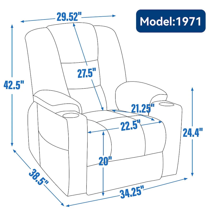 Fauteuil inclinable électrique gris spacieux avec massage, chauffage, deux ports USB, chargement de type C et porte-gobelets